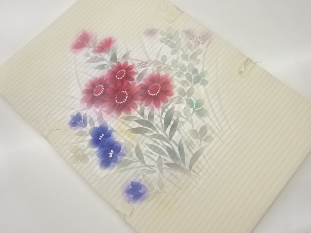 JAPANESE NAGOYA OBI FOR SUMMER / SHIOZE / GINSAI / UNUSED / AUTUMN FLOWERS